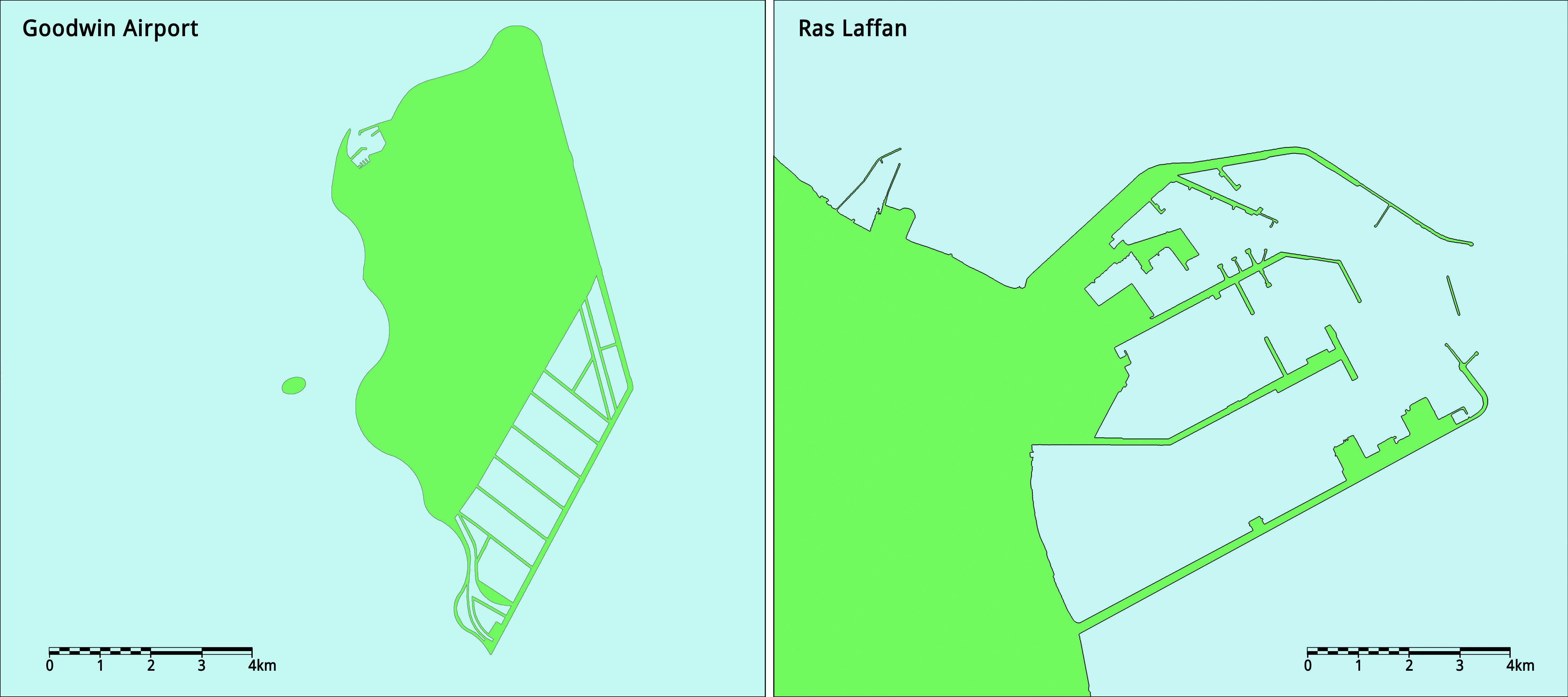 Goodwin Airport Island and Ras Laffan to the same scale
